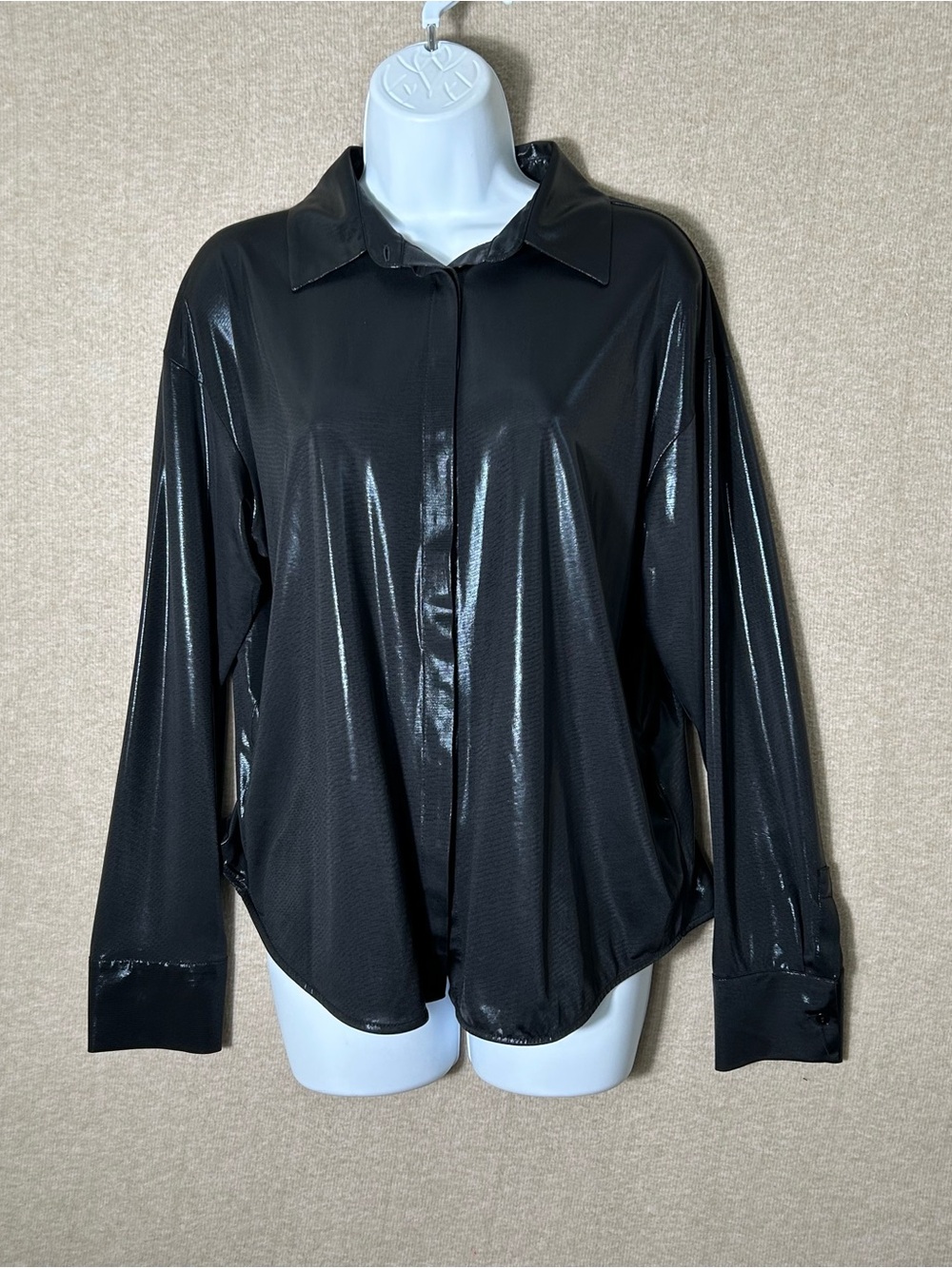 By Anthropologie Liquid Shine Shirt Womens Size Medium Black Coated Long Sleeves